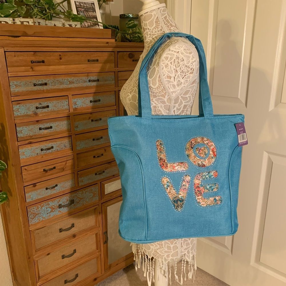 LOVE Tote Bag - Large - Aqua Blue - NWT